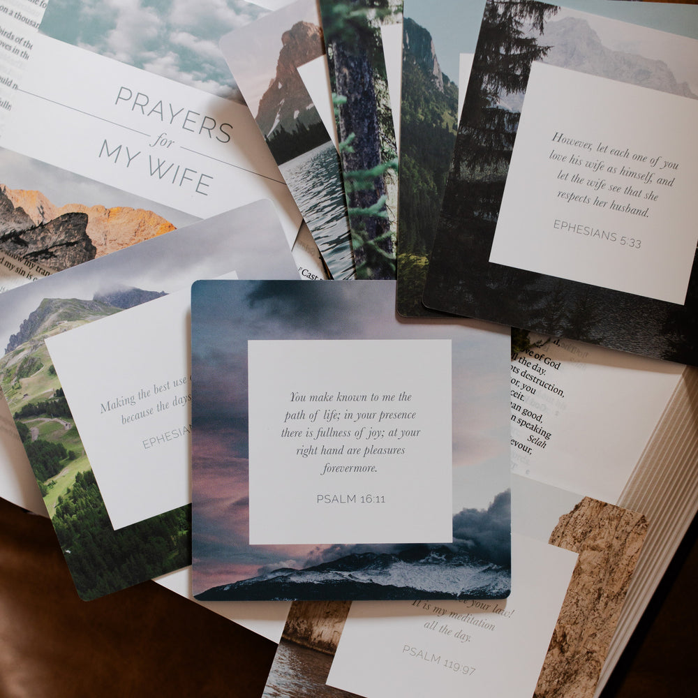 Multiple Prayers for my wife verse cards  spread over a page of an open bible