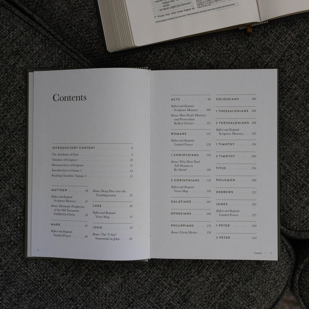 A Year in the Bible Vol 4 Hardcover opened to the contents page near an open bible on a grey couch cushion