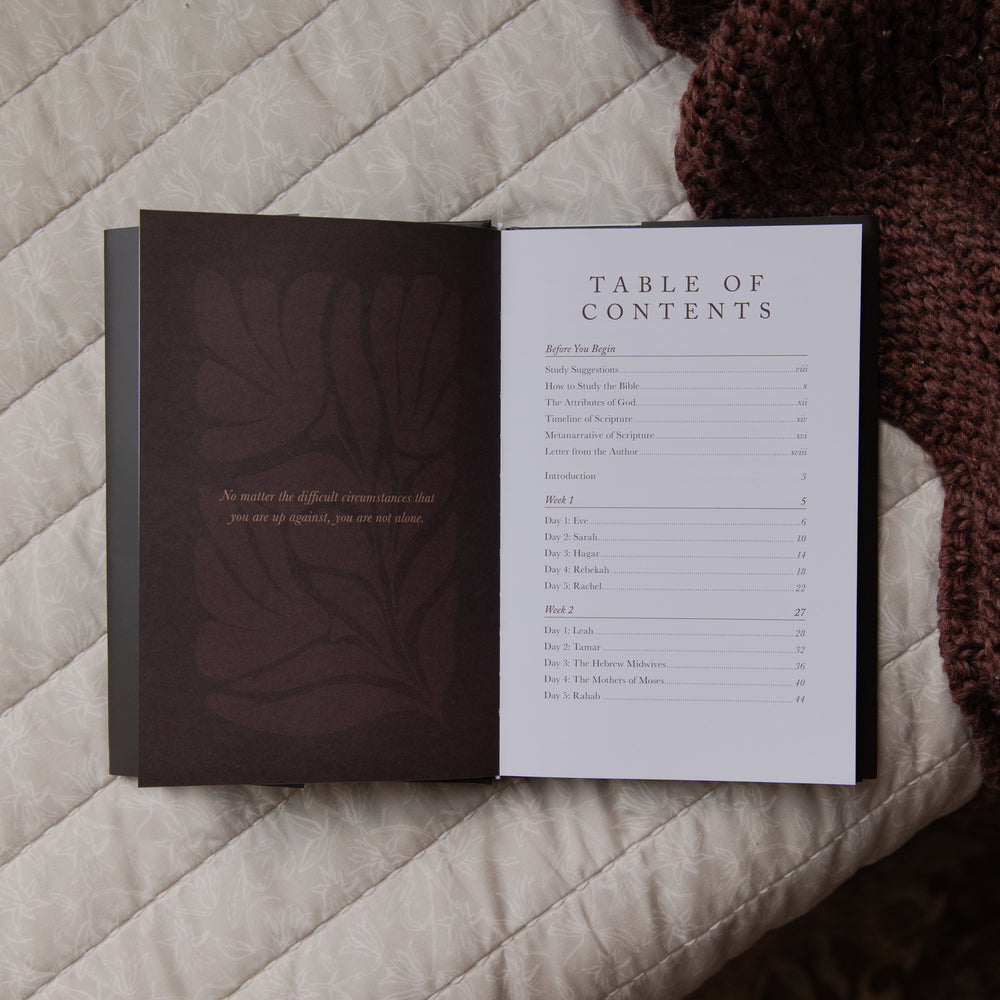 Open book with table of contents on a textured surface