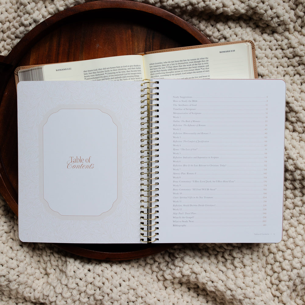 In Christ Alone Study opened to the Table of Contents page on an open Bible on a wooden tray on a knitted blanket