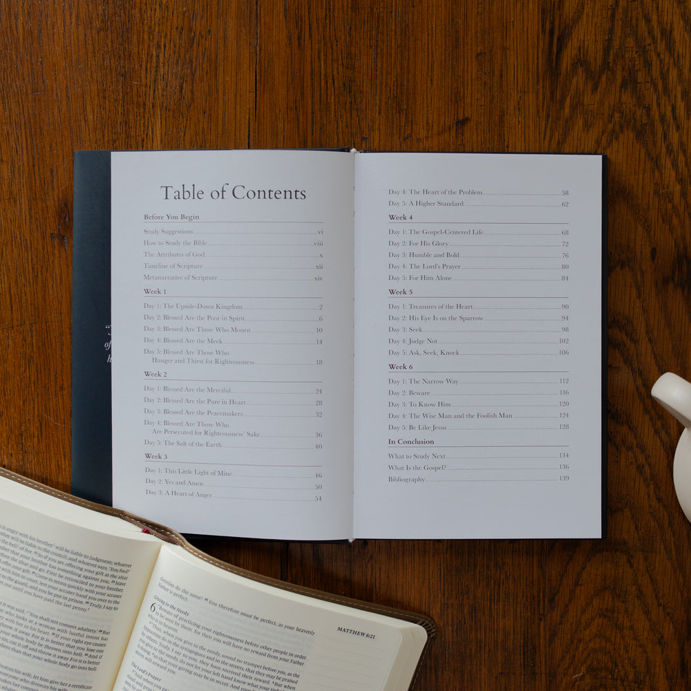 Open book with table of contents on a wooden surface