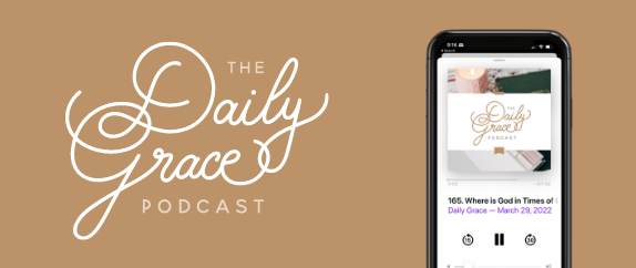 The Daily Grace Podcast title with a mock up of a  mobile phone showing the app
